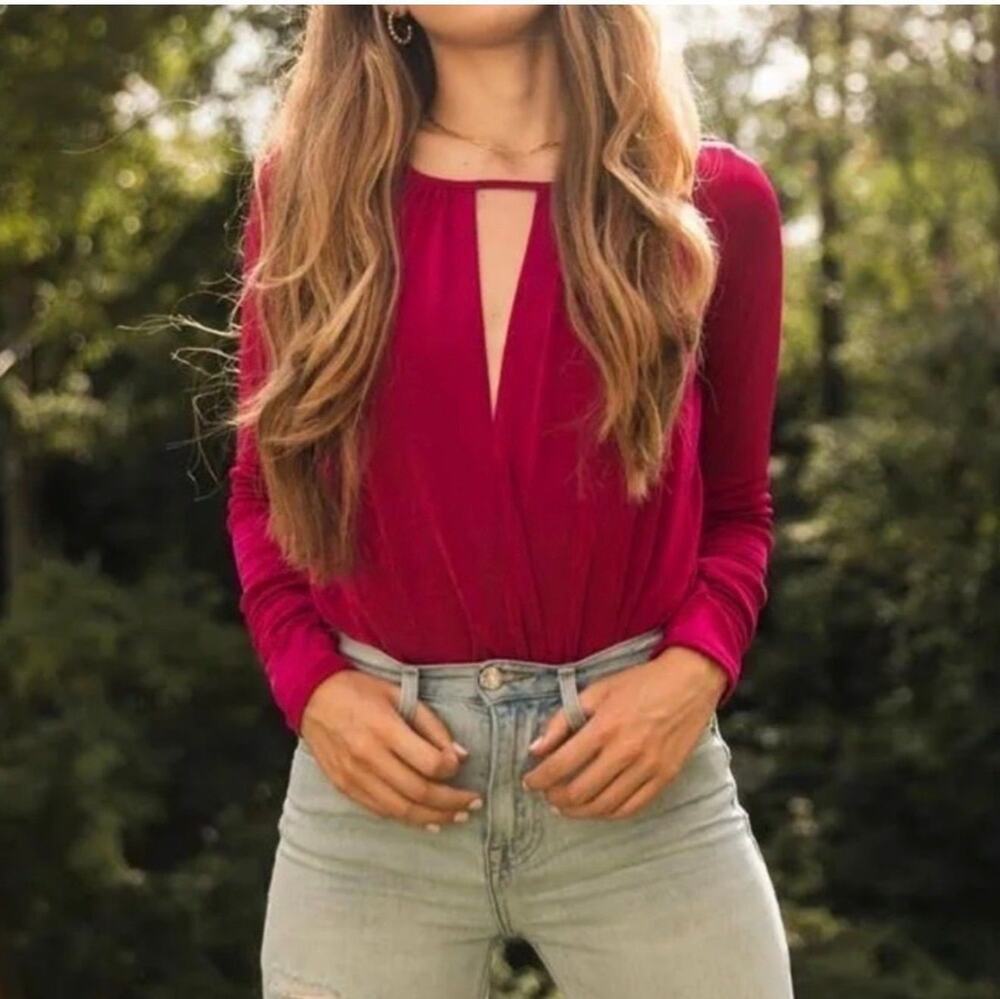 NWT Free People S Kya Long Sleeve Keyhole Ruched Boydsuit in Rose Hypnotic